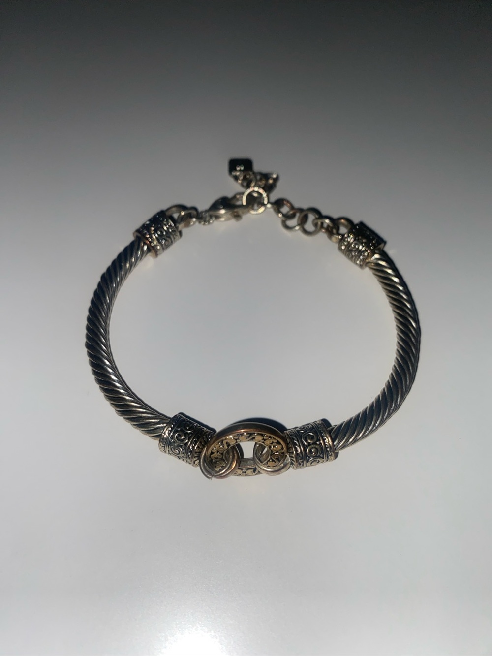 Silver and Gold Twisted Cable Bracelet with Decorative Accent